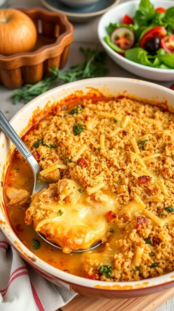 A golden brown chicken casserole topped with breadcrumbs and cheese, served in a rustic dish.